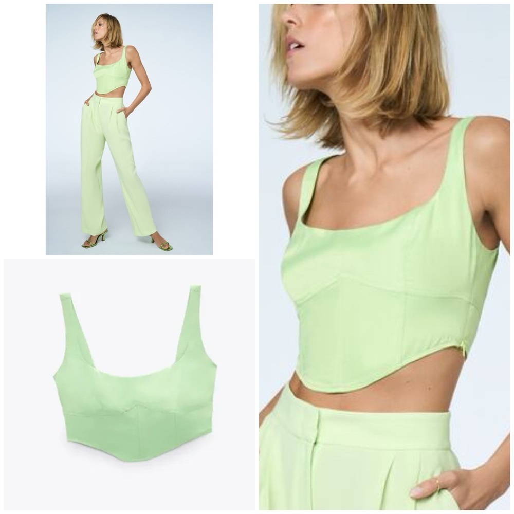 Nwt Zara Satin Effect Apple Green Lime Bustier Too Cropped Blouse Small